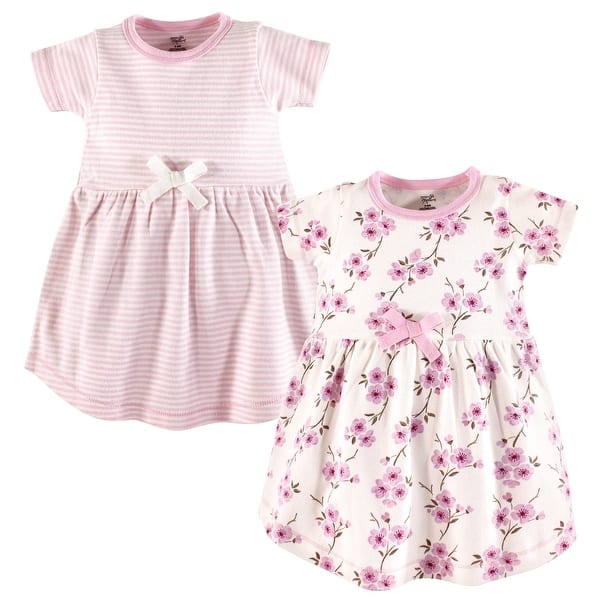 slide 1 of 1, Touched by Nature Baby and Toddler Girl Organic Cotton Short-Sleeve Dresses 2pk, Cherry Blossom 2T - Baby Toddler Cherry Blossom Short Sleeve