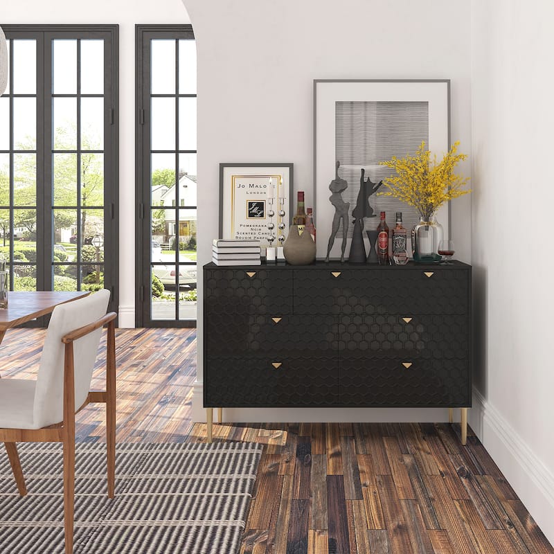 Honeycomb 7-Drawer Storage Cabinet, Accent Cabinet with Tapered Metal Legs, Buffet Sideboard with Versatile Storage