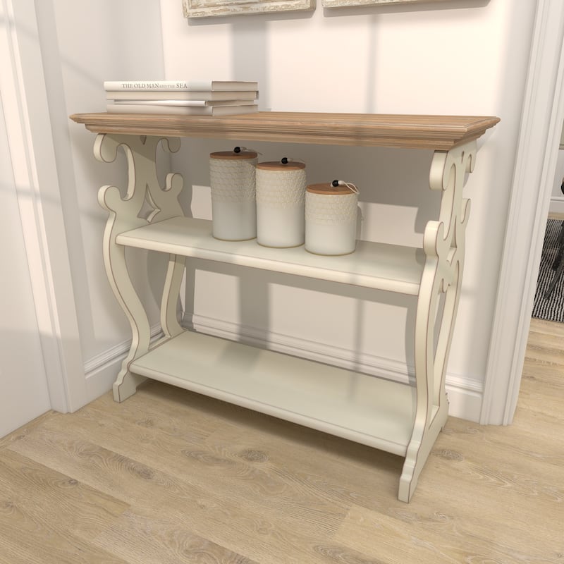 White Wood Scroll Side Frames 2 Shelf Console Table with Brown Wood Top - White or Black