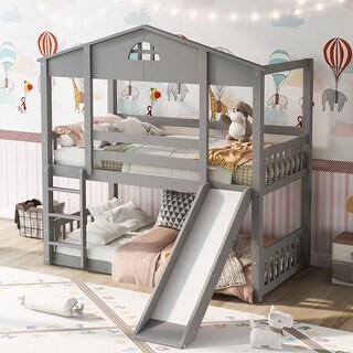 Twin Over Twin House Bunk Bed with Convertible Slide and Ladder, Detachable into Two Twin Beds - Fun Playhouse Design for Kids