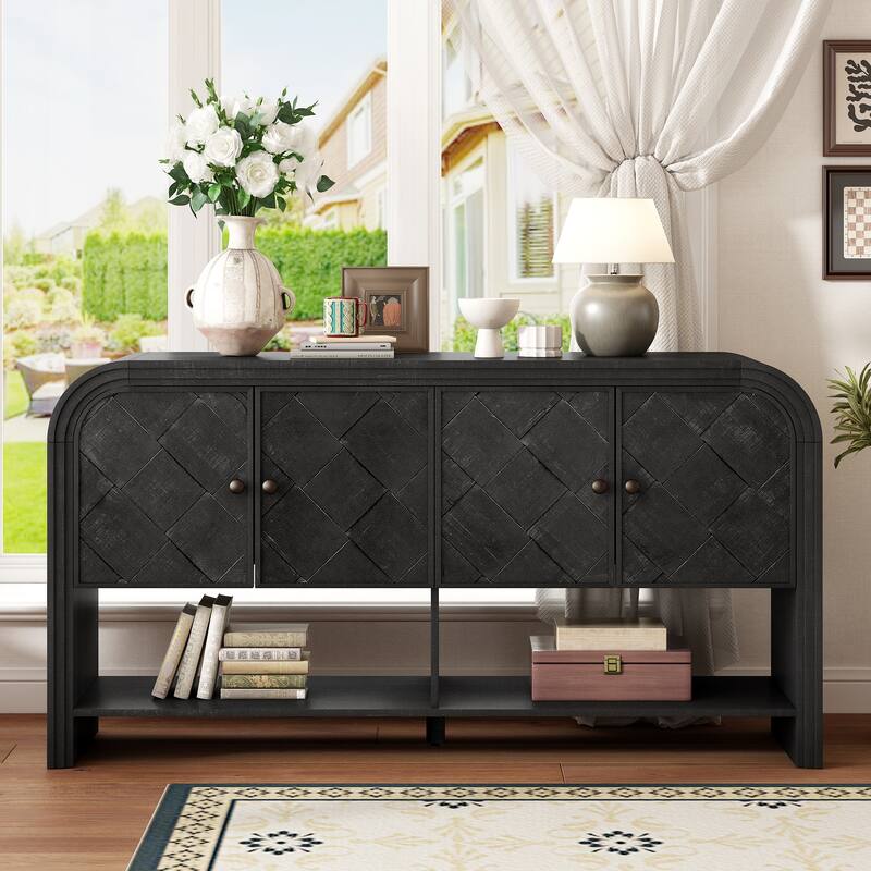 Versatile console table with Woven Wood Slats and Solid Wood Veneer,Suitable for Entryway, Hallway, Living Room,Foyer,Corridor - Black