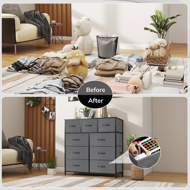 9 Drawers Dresser for Bedroom, Tall Fabric Closet Chests Organizer Tower Furniture with Wooden Top