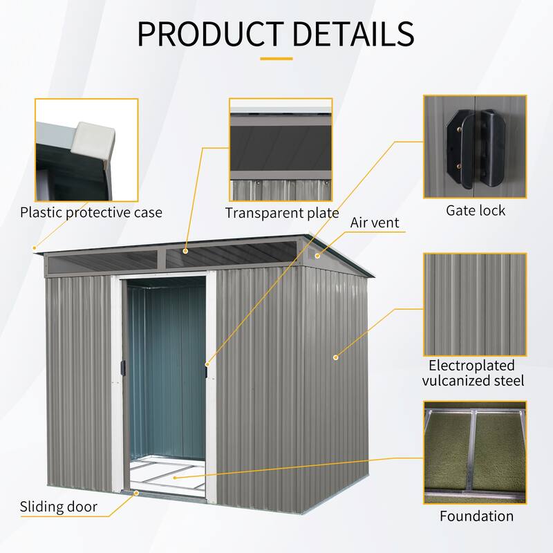 8ft x 6ft Outdoor Metal Storage with Lockable Sliding Doors and Transparent plate for Garden, Lawn