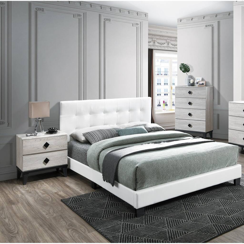 Transitional Style 3pc Bed 2x Nightstand Set Diamond Knobs Tufted Headboard White