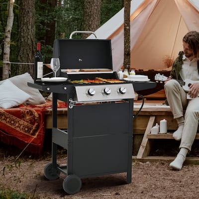 Propane Gas Grill 3 Burner Barbecue Grill, Stainless Steel 26,000 BTU Patio Garden Barbecue Grill with Two Shelves, Lid