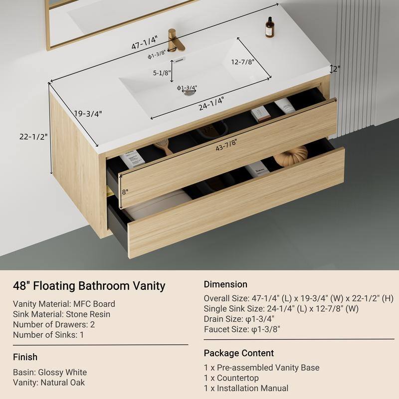 Abruzzo 48" Wall-Mount Bathroom Vanity with Stone Resin Top and Dual Soft-Close Drawers
