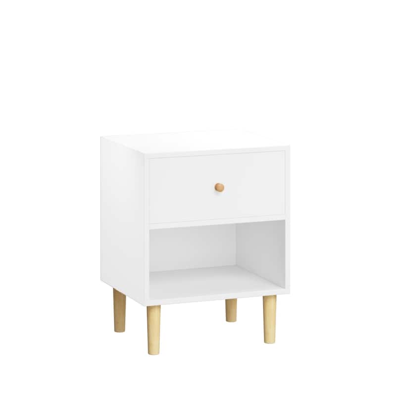 Anmytek White 23.22''H Wooden Nightstand with Drawer and Open Shelf Pine Legs