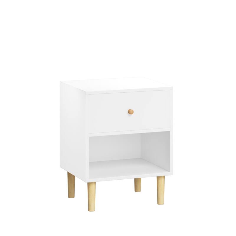 Wooden Nightstand with Drawer, Chair Side End Table with Wooden Legs, Couch Side Table with Open Storage Shelf