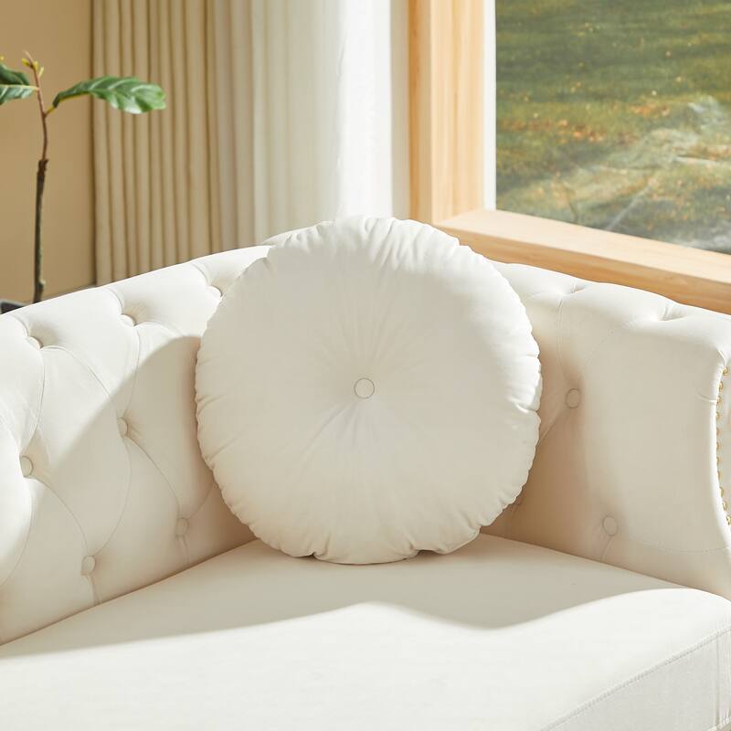 Chesterfield Sofa with Two Round Pillows, Featuring Copper Stud Detailing and Tufted Button Accents