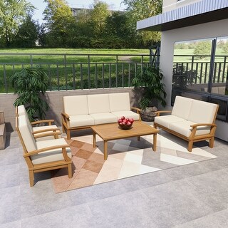 Teak Wood Traditional Outdoor Seating Set with Off-White Cushions (Set of 5 Pieces) - S/5 77", 54", 30"W (A+B)