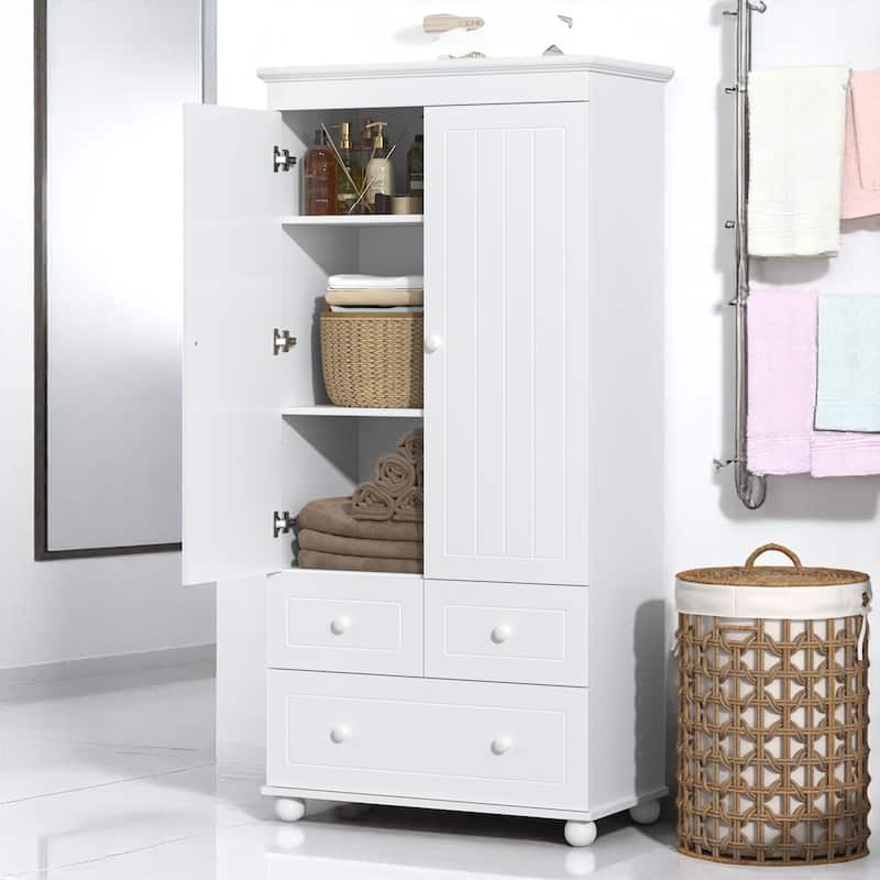 White Tall Storage Cabinet with 3 Drawers and Adjustable Shelf, Freestanding Organizer for Bathroom or Office