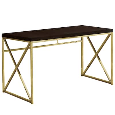 Espresso Wood Writing Desk with Gold Metal Sled Base and Matte Finish