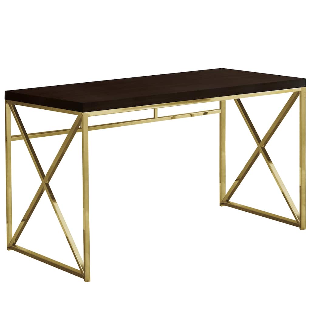 Espresso Wood Writing Desk with Gold Metal Sled Base and Matte Finish
