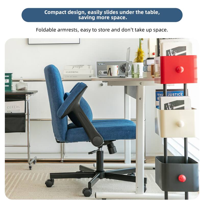 Blue Cross-Legged Office Chair, Vanity Chair with Adjustable Seats and Wheels, for Home Offices and Studies