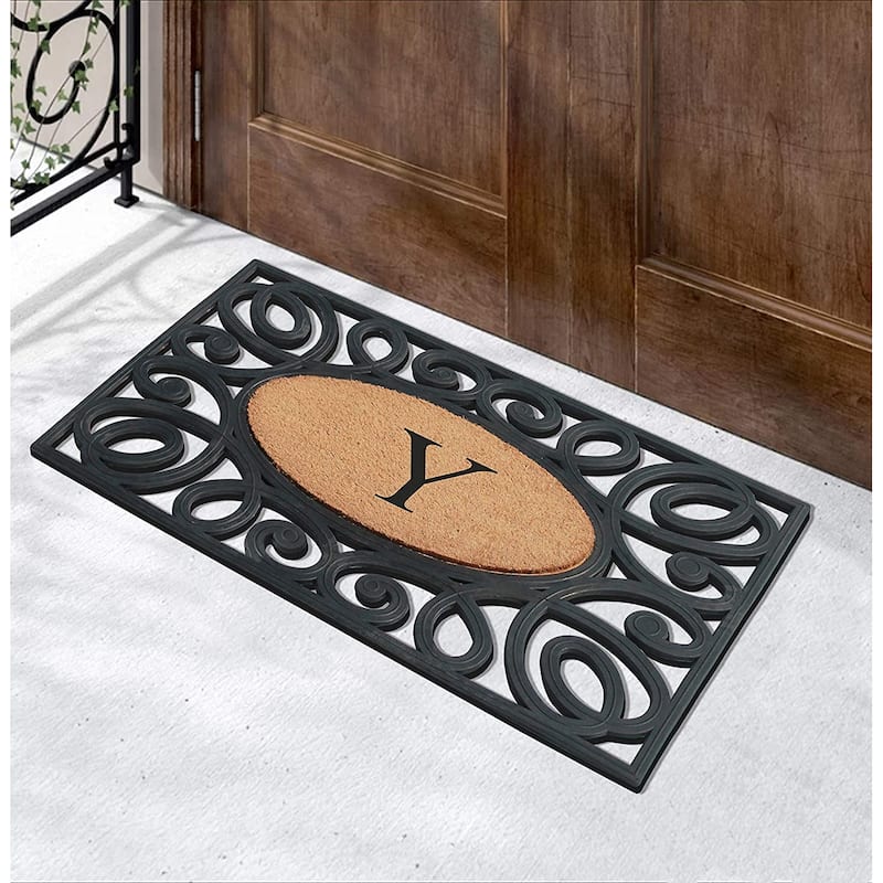 A1HC Rubber and Coir Elegant Circles, Monogrammed Double Door Doormat, Black/Beige - 23"X38"