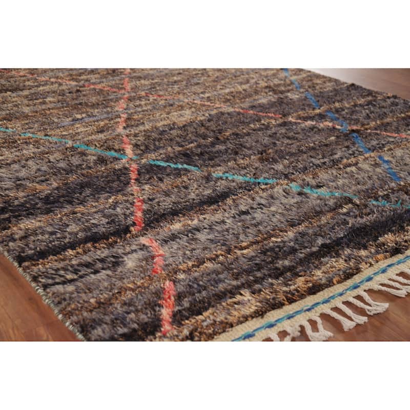 Brown Plush Moroccan Oriental Area Rug Hand-Knotted Wool Carpet - 6'1" x 10'0"