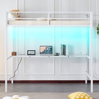 Twin Square Tube Raised Bed With Table Outlet LED Light Strip Iron Bed USA
