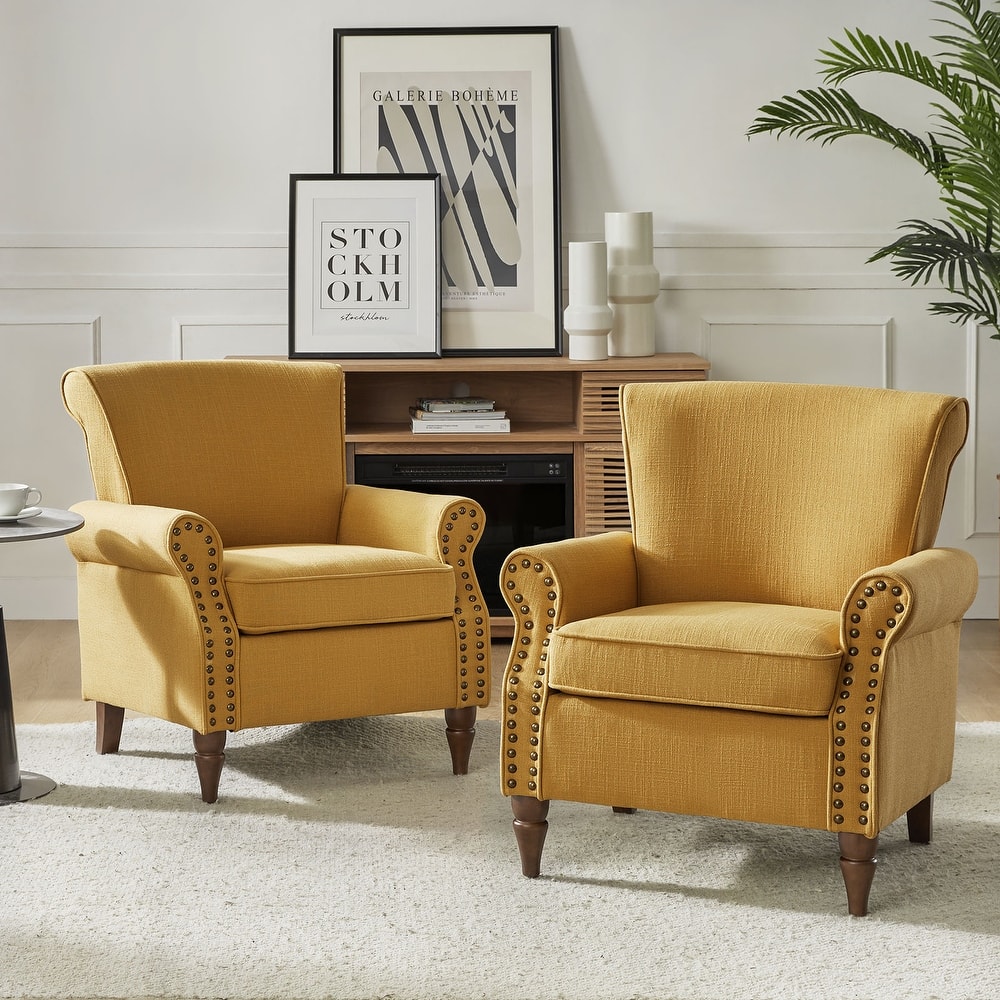 Nyctelius Upholstered Comfy Accent chair with Turned Wooden Legs and Nailhead Trim Set of 2 by HULALA HOME