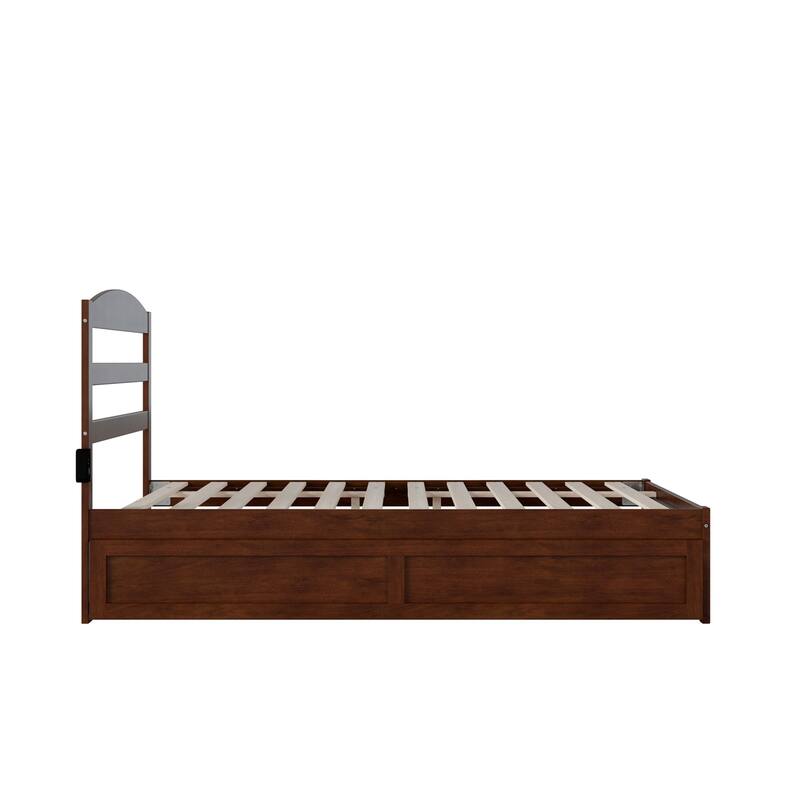 Full Bed with Trundle - Modern Platform Bed Frame, Low Profile, Walnut Finish, Space Saving Design