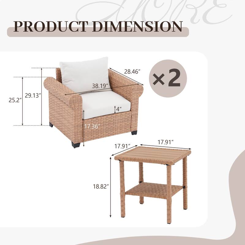 Outdoor Wicker Patio Conversation Set with 2 Armchairs & Side Table