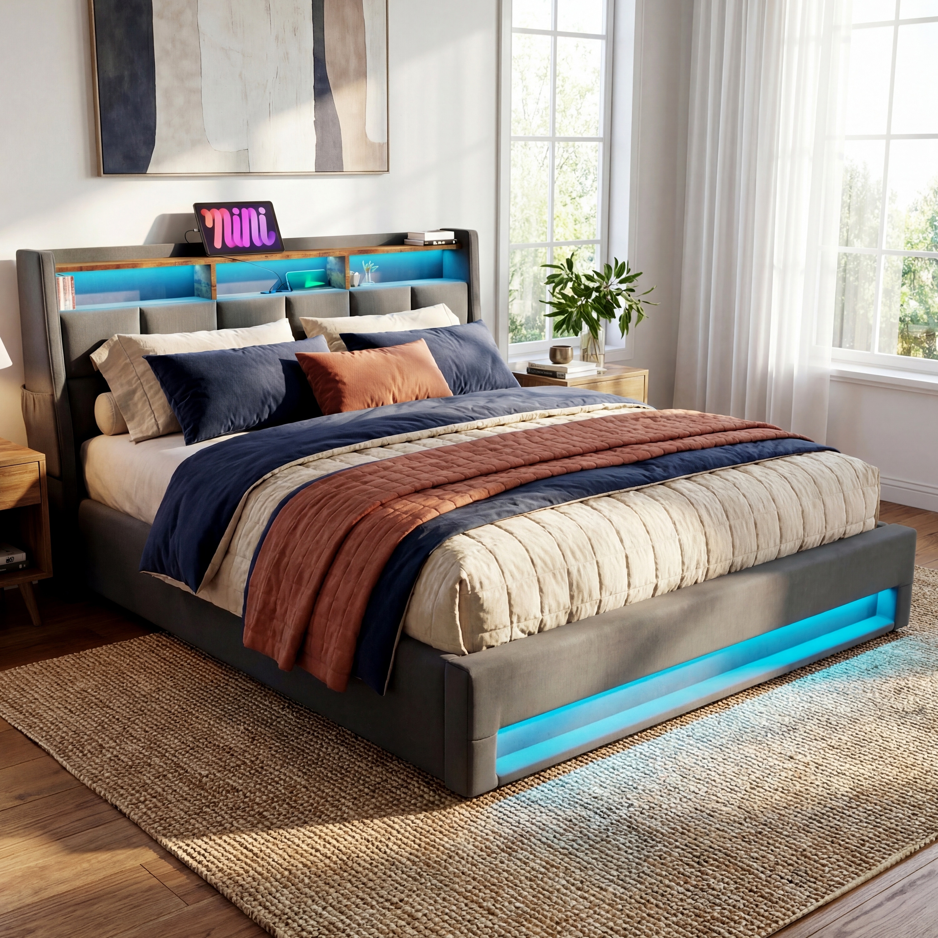 Upholstered Platform Bed with LED Lights and Charging Station