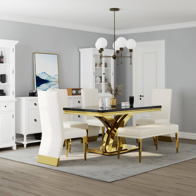 Stylish Modern X Cross Base Dining Room Table Set with Gold Dining Chairs