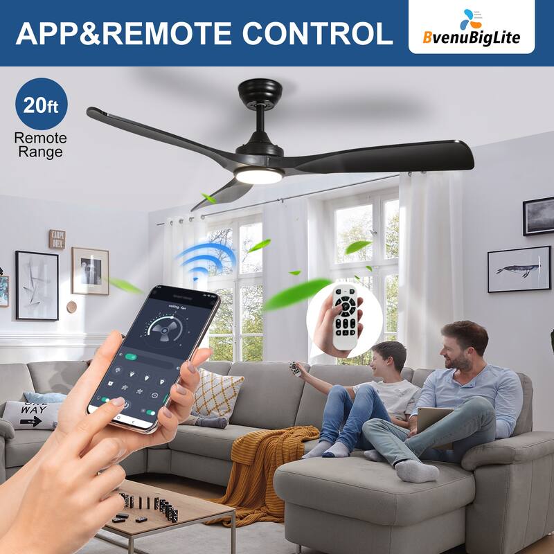 52 in. Indoor/Outdoor Dimmable Ceiling Fan With Light for Patios, Modern Noiseless Ceiling Fan with Remote APP Control