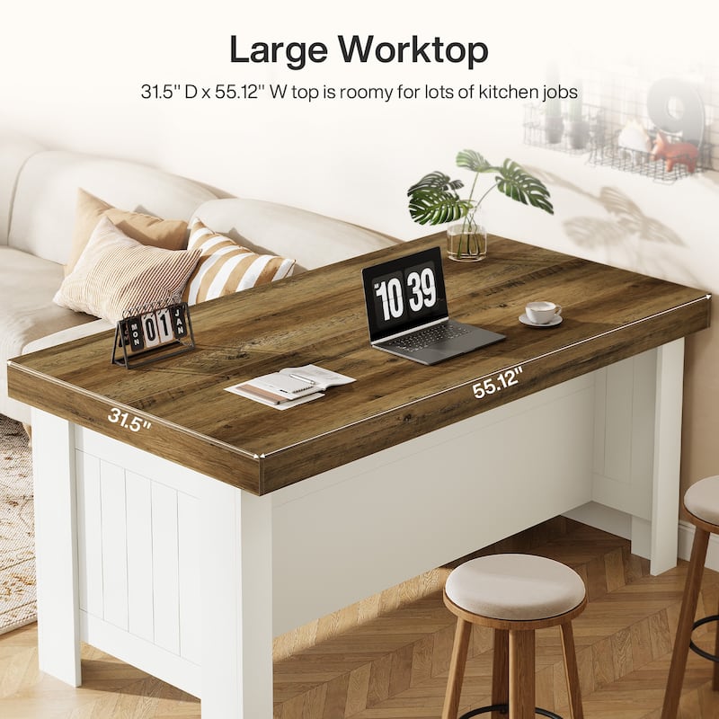 55" Two-Tone Farmhouse Kitchen Island with Storage & Wood Top