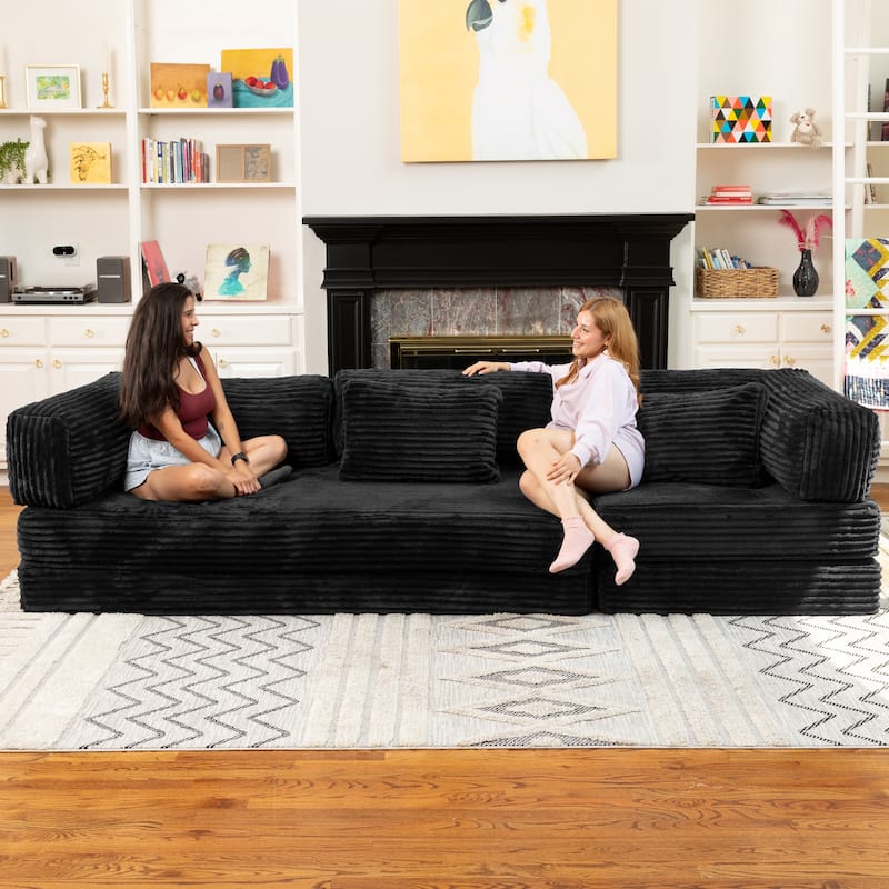Jaxx Unsofa Modular Convertible Sectional Sofa with Fold Out King Sleeper Bed - 3-Seat Sofa. - Faux Fur Black
