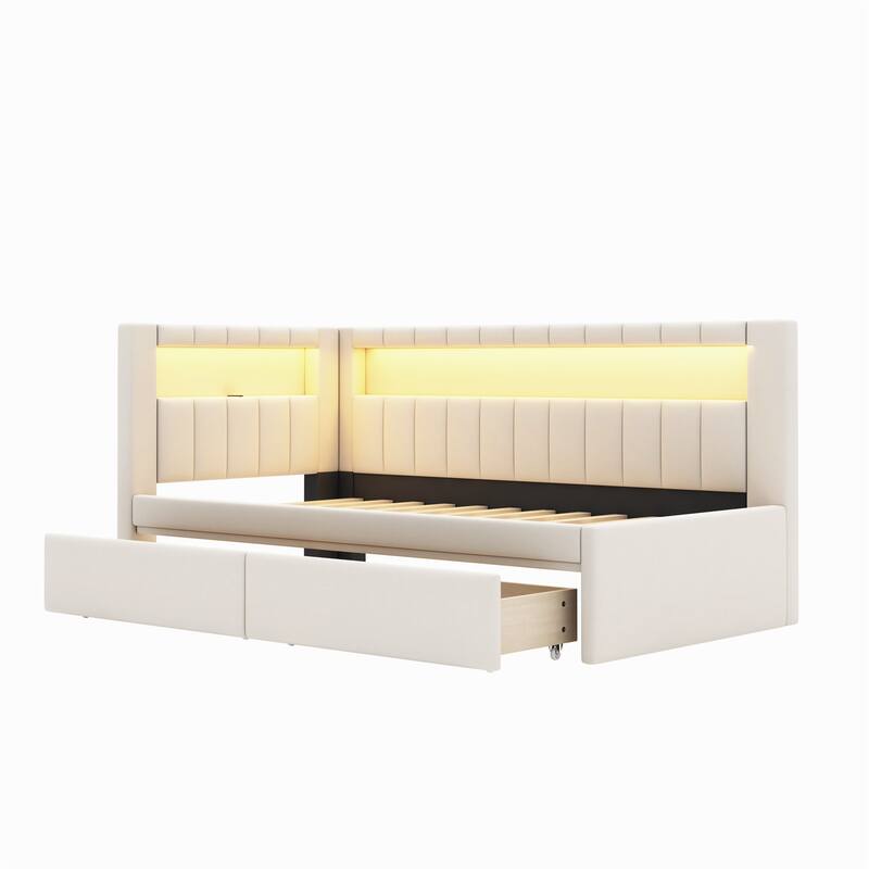 Platform Bed Linen Upholstered Daybed with L-shaped Headboard USB Ports and Light for Night's Sleep, Choose 2 Drawer or Trundle