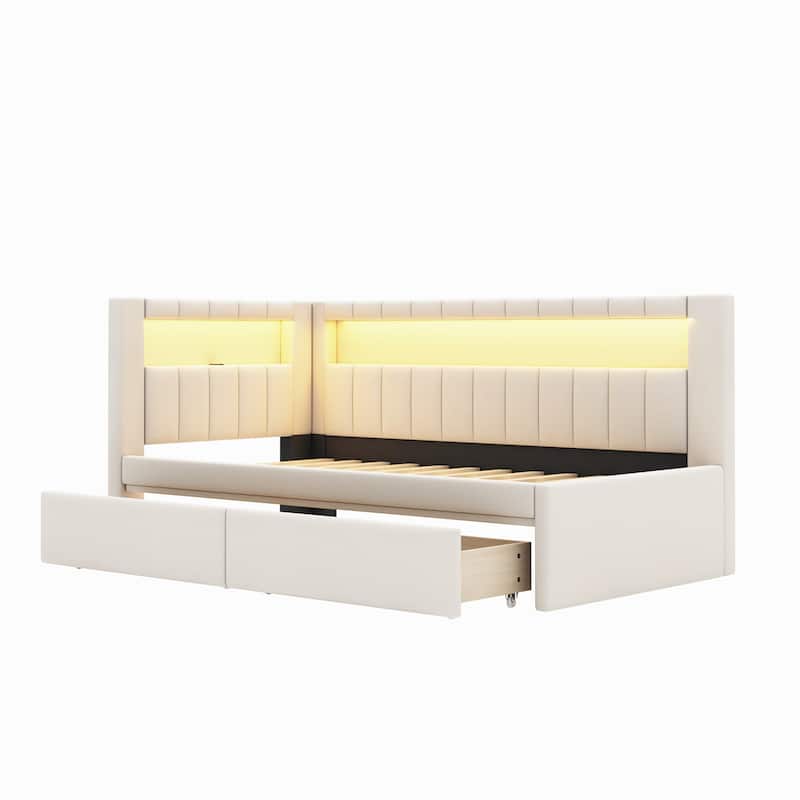 Twin Size Linen Platform Bed with LED Lighting and USB Ports and 2 Storage Drawers (250lbs Capacity)