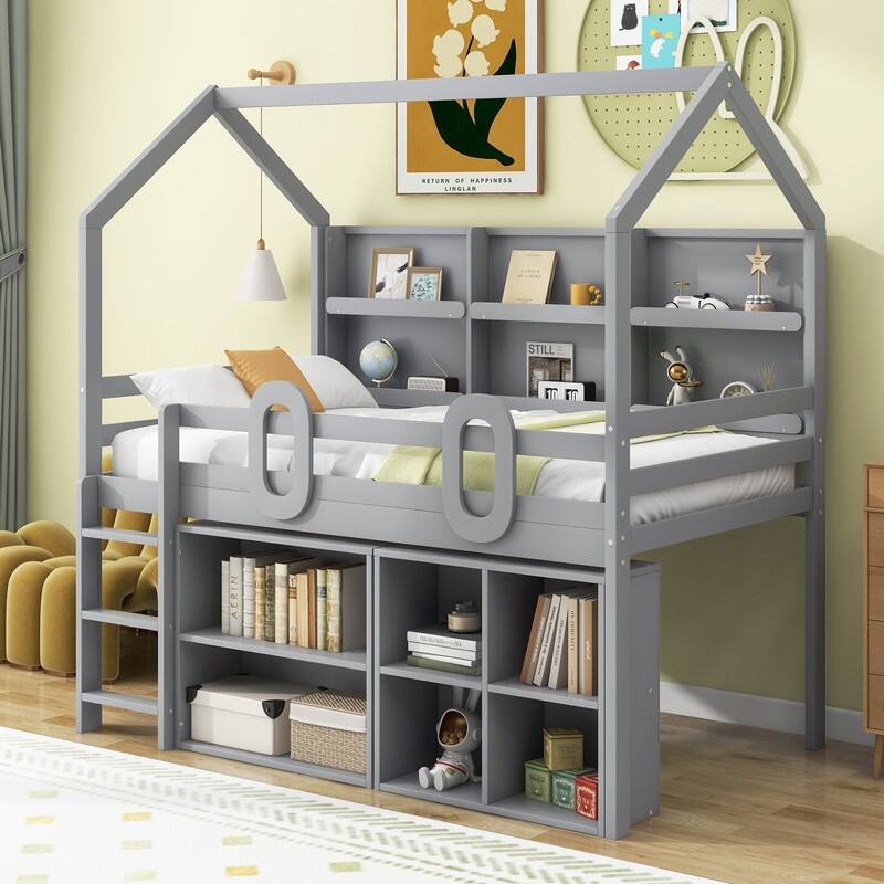 Twin Size House Shaped Loft Bed with Multiple Bookshelves, Wooden Kids Storage Bed Frame with Cabinet for Bedroom, Grey