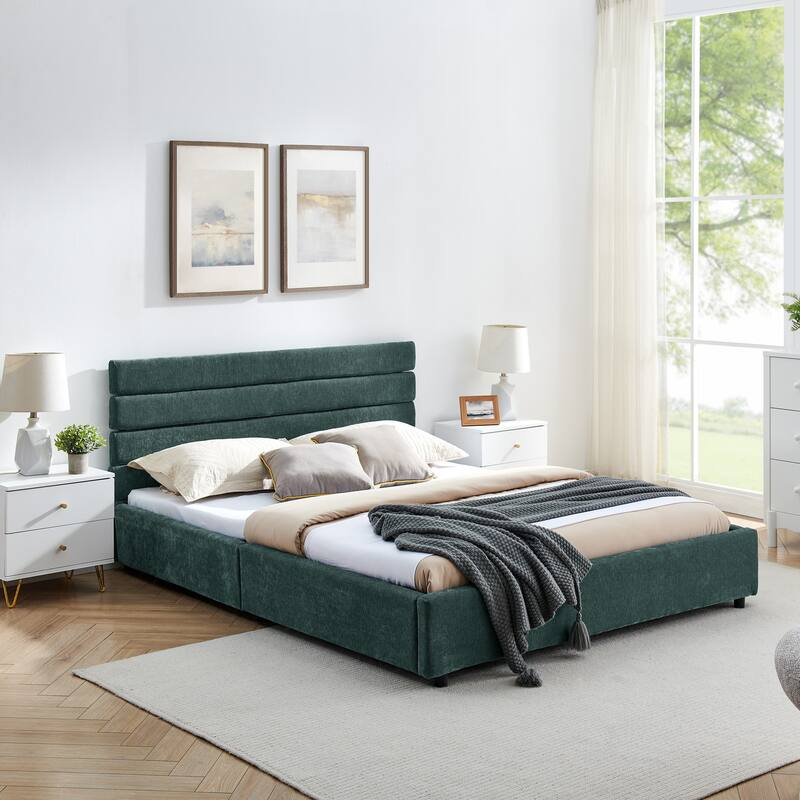 Roomfitters Queen Upholstered Bed Frame with Cushioned Headboard and 4 Storage Drawers, Chenille Fabric Platform Bed