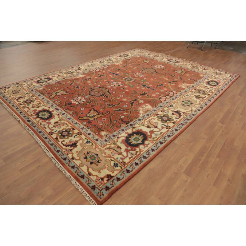 Hand-knotted Transitional Wool Carpet Orange Oushak Rug Floral Oriental Area Rug - 12' 1'' X 8' 11''