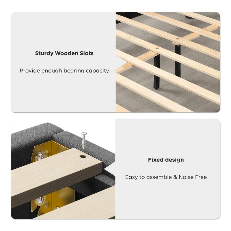 Anmytek Carbon Gray Full Size Upholstered Platform Bed with Storage Headboard No Box Spring Needed