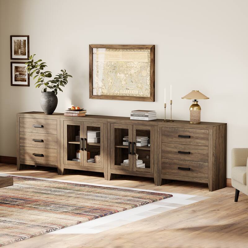 WAMPAT Farmhouse Buffet Cabinet with Glass Doors and Drawers, 4-Piece Modular Sideboard - Brown