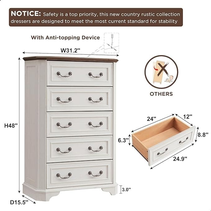 Farmhouse 5 Drawers Dresser, Wood Chest of Drawers, Dressers Organizer