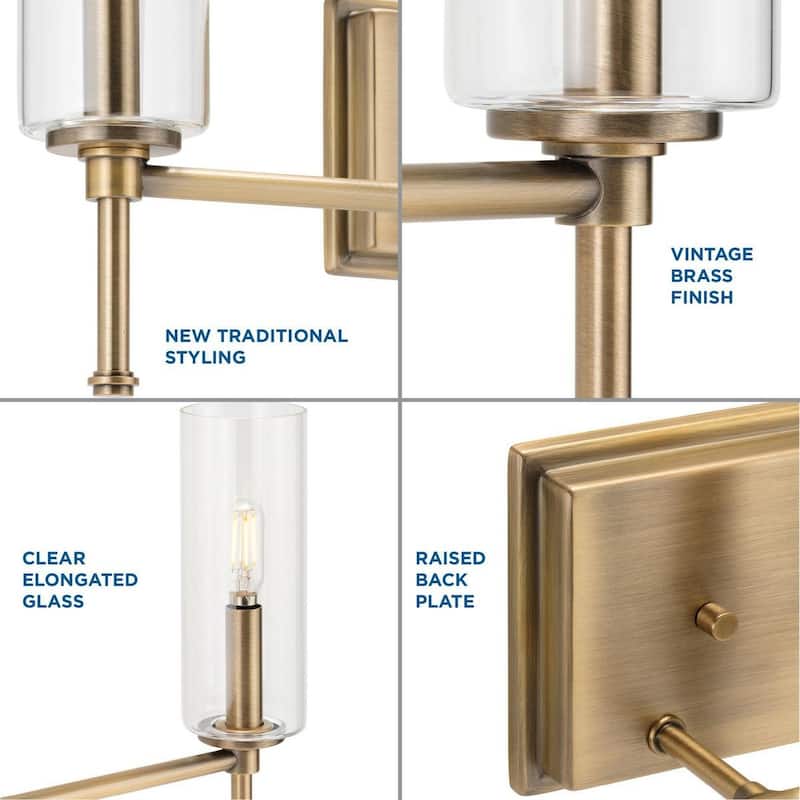 Elara Collection 3-light Vintage Brass Clear Glass Bath Vanity Light - 22.125 in x 5.12 in x 11.5 in