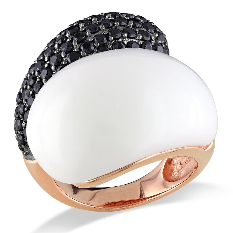 Miadora Synthetic White Agate and Black Cubic Zirconia Crossover Ring in Rose Silver