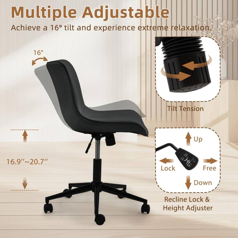 EROMMY Armless Office Chair with Wheels, Adjustable Swivel Modern Faux Leather Vanity Chair with Backrest, Ergonomic Rocking