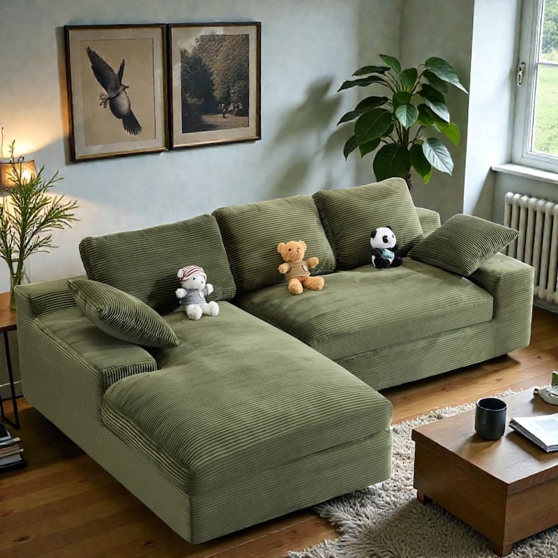 Corduroy Compressed Sofa Couch with 3 Back Cushions and 2 Throw Pillows, Soft Cloud Sofa for Living Room