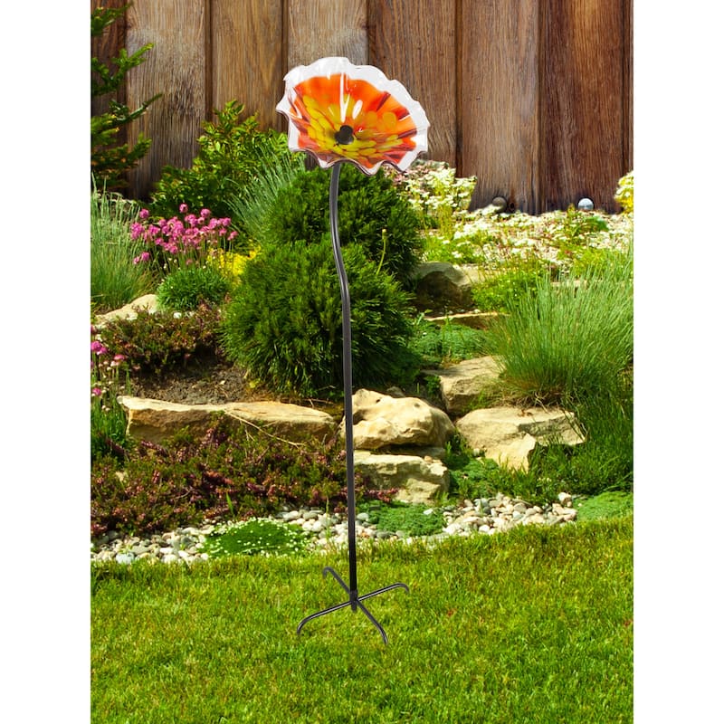 43IN Tall Red Fiore Bloom Art Glass Garden Stake