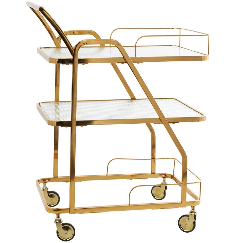 Gold Metal Glass Shelf 3 Tier Bar Cart with Side Guards and Handle