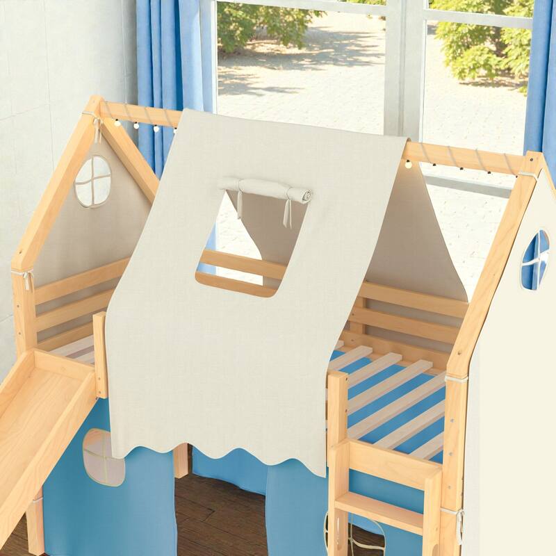 House Loft Bed with Slide & Tent, Solid Wood Kids Bed w/ Ladder, Guardrails, Playhouse Design, No Box Spring Needed