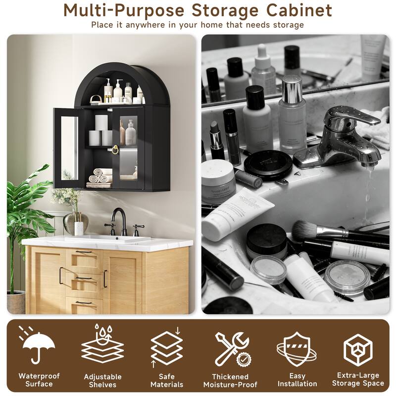 Wall Mounted Arched Cabinet with Glass Doors, Light and Adjustable Shelves for Laundry Room, Bathroom, Kitchen