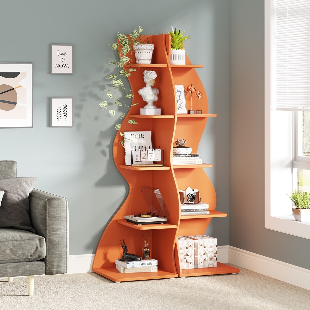 Modern Wood Corner Shelf, 5-Tier Bookshelf Bookcase for Living Room