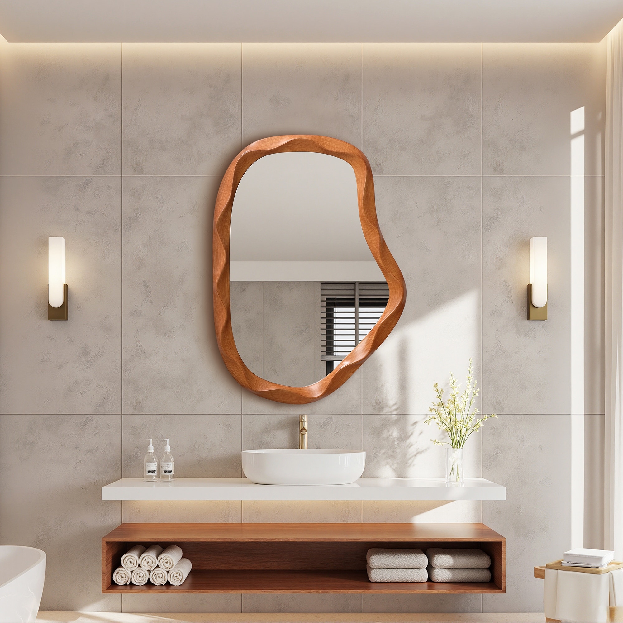 Natural Wood Finish Asymmetrical MDF Frame Wall Mirror, 31.5" H x 22.6" W - 31.5" H x 22.64" W