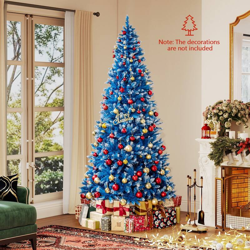 Gymax Pre-Lit Artificial Christmas Tree Blue Hinged Xmas Tree w/