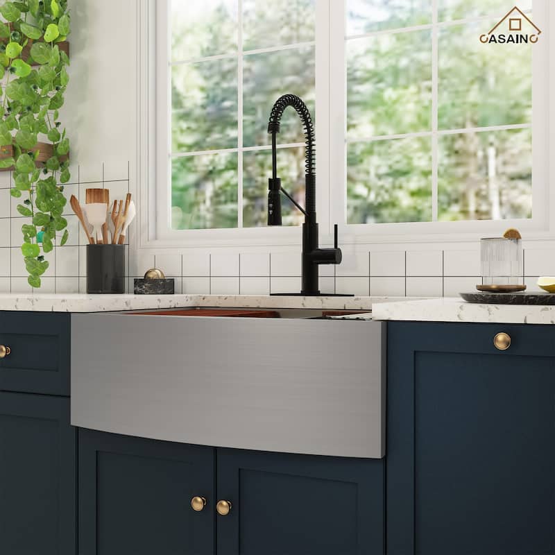 Farmhouse/Apron-Front Single Bowl 16 Gauge Stainless Steel Workstation Kitchen Sink with Accessories and Pull Down Faucet Sets