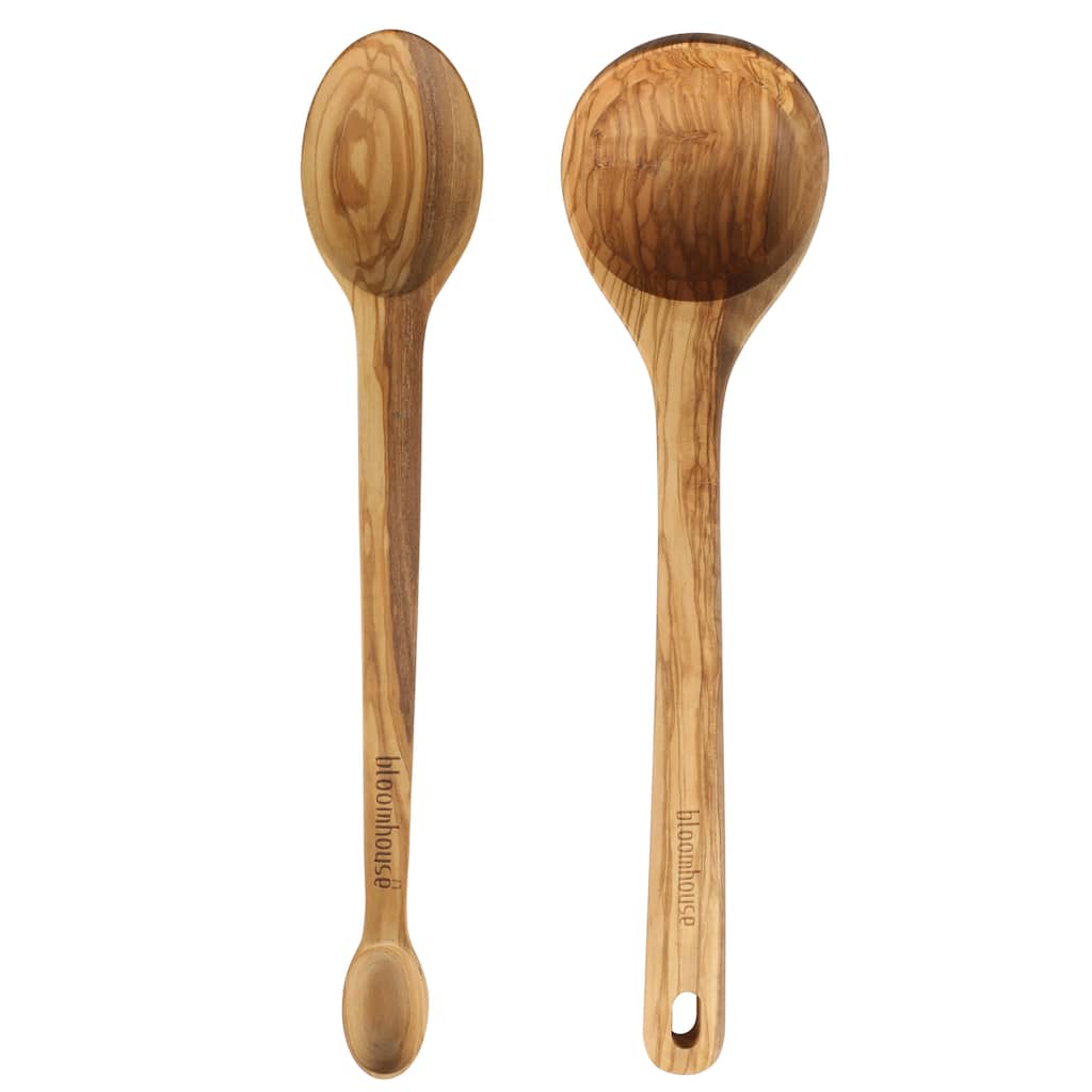 Bloomhouse Italian Olive Wood 2 Piece Extra-Large 14 Inch Ladle and tasting Spoon Set